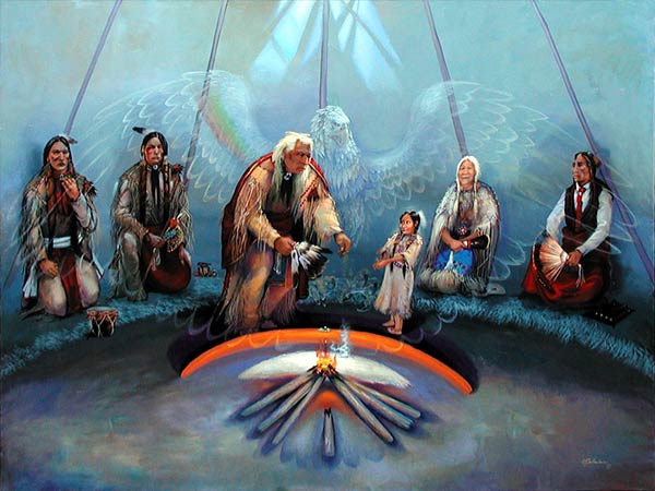 Kiowa Artist, Jeff Yellowhair peyote ceremony painting, "Morning Blessing"